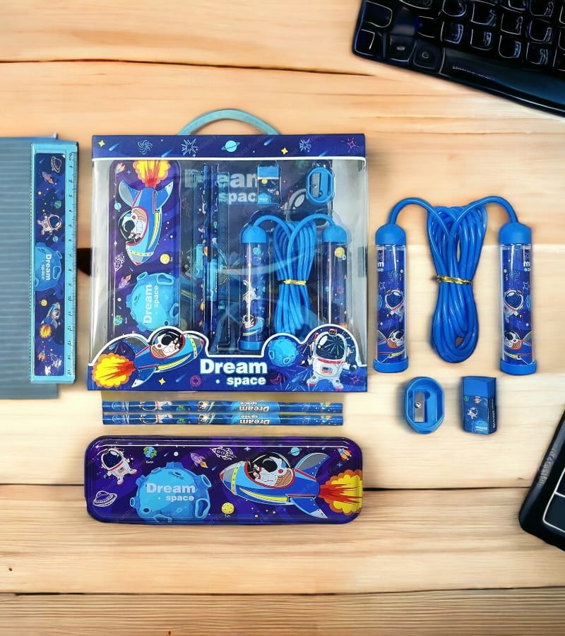Space Stationery Kit for Kids - Stationery Box with Pencil, Pen, Eraser, Sharpener, Space Pencil Box, Skipping Rope - Birthday Gift for Kids